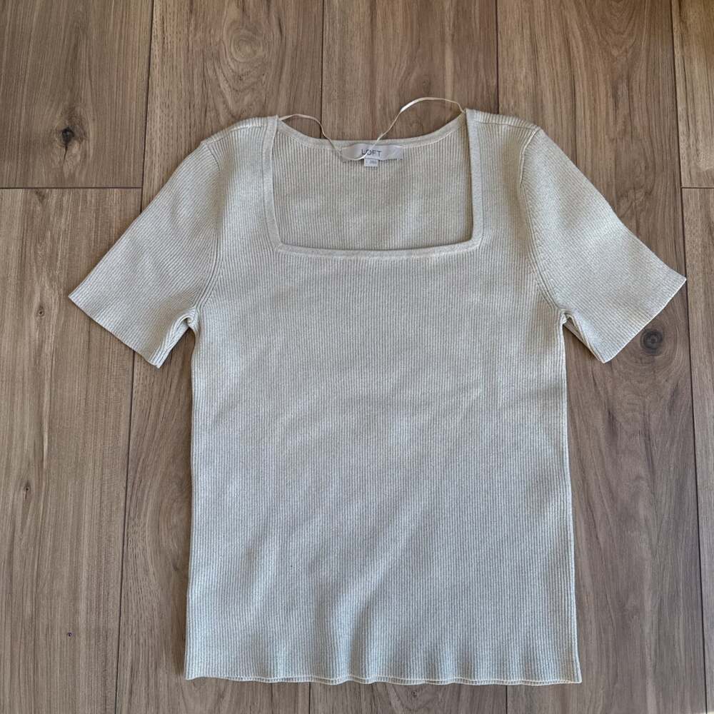 LOFT Gold Metallic Top Size L Women's Short Sleeve Ribbed Knit Square Neck